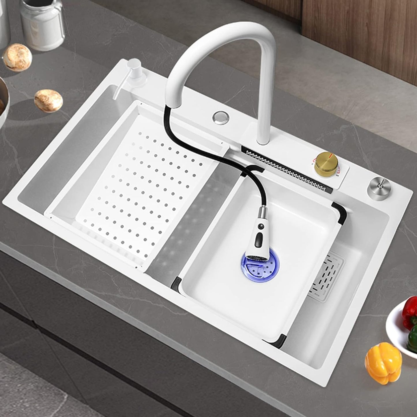 Fregadero de cocina inteligente VN WATERFALL SINK blanco,75 × 46 × 22 cm