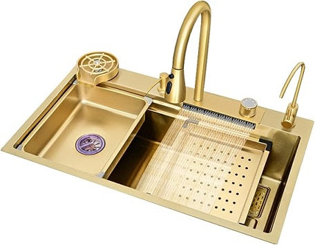 Fregadero de cocina inteligente VN WATERFALL SINK, dorado 75×46×22 cm