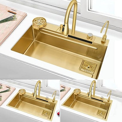 Fregadero de cocina inteligente VN WATERFALL SINK, dorado 75×46×22 cm