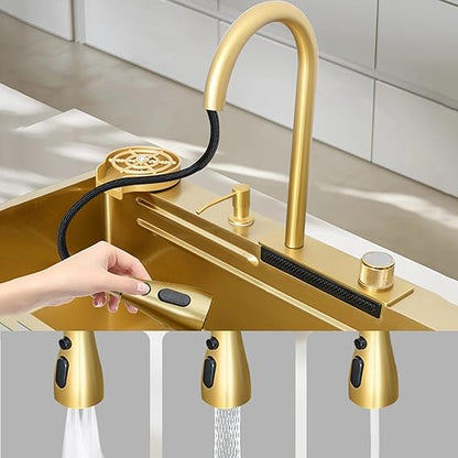 Fregadero de cocina inteligente VN WATERFALL SINK, dorado 75×46×22 cm