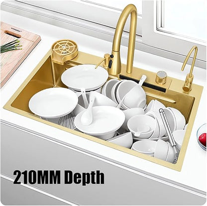 Fregadero de cocina inteligente VN WATERFALL SINK, dorado 75×46×22 cm