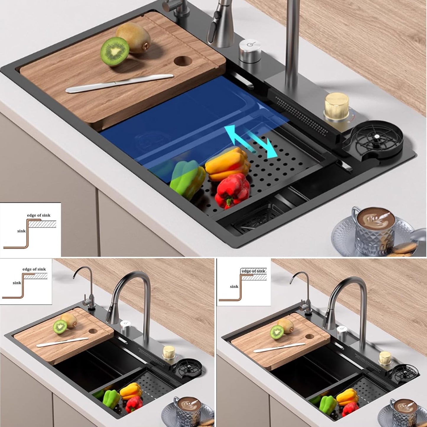 Fregadero de cocina inteligente VN WATERFALL SINK, negro 75×46×22 cm